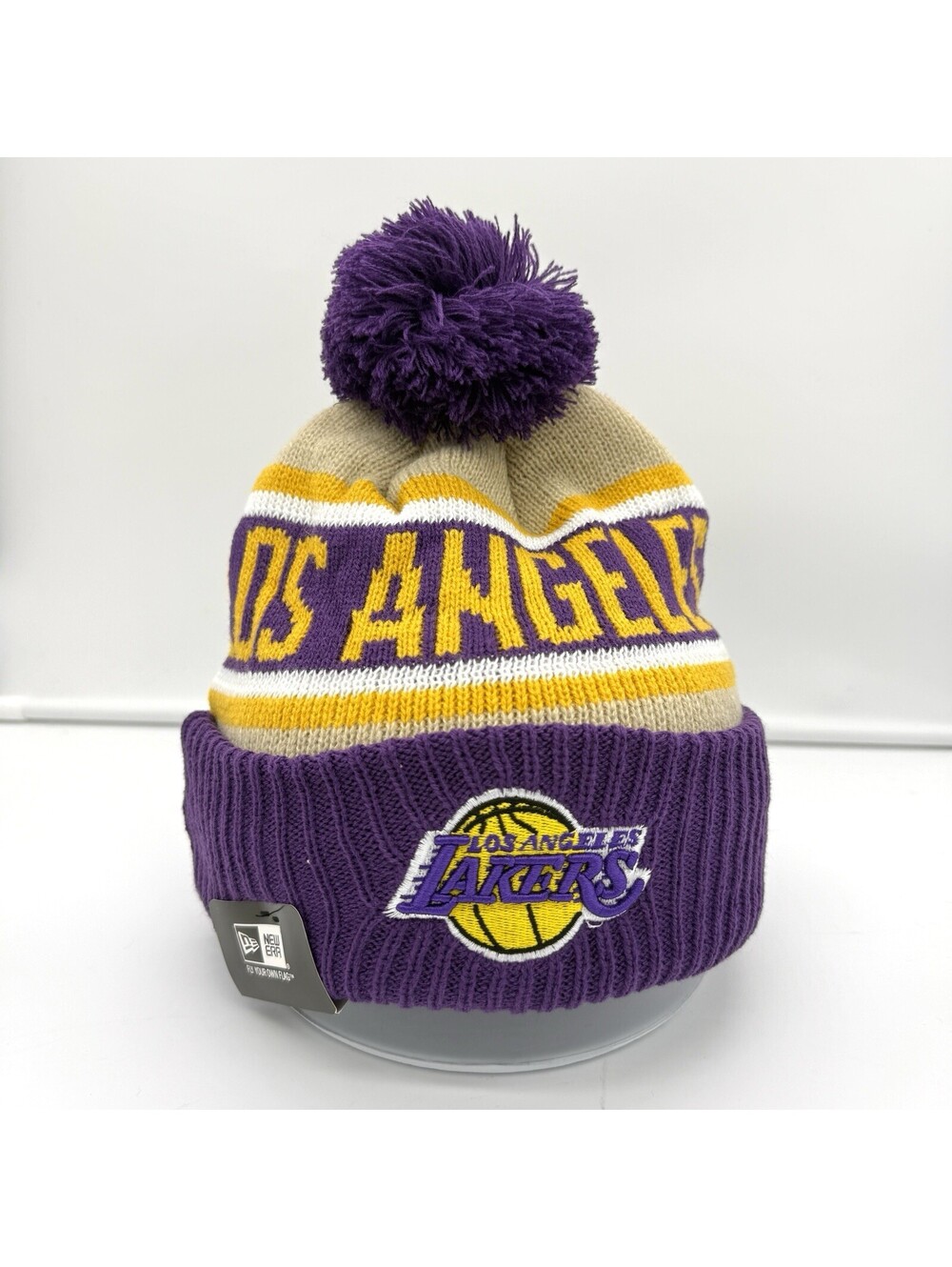 New Era Los Angeles Lakers Big 6 Fireside Knit Pom Beanie Purple Gold NBA NWT